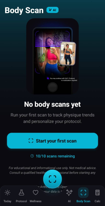 Best GLP-1 tracker apps: MAX Peptide AI body scan feature.