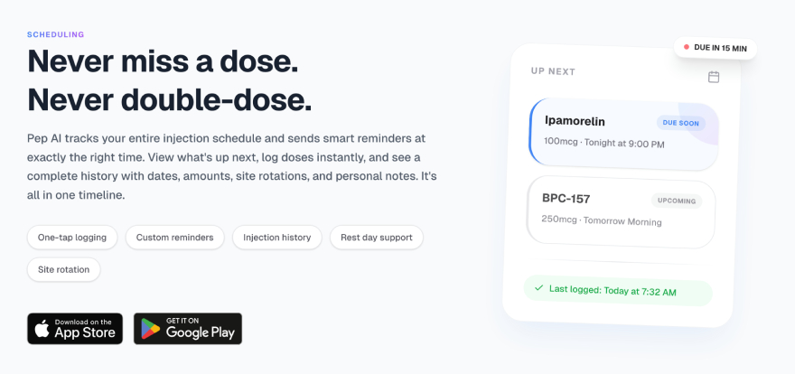 Best peptide tracker app: Pep AI scheduling feature.