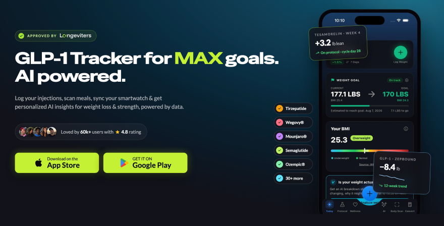 Best peptide tracker app: MAX Peptide AI hero section.