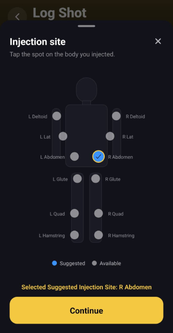 MAX Peptide AI review: tracking injection sites on the app.