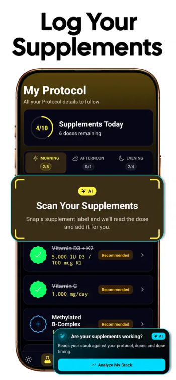 MAX Peptide AI review: log supplements with the app.