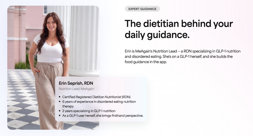 MeAgain vs Shotsy: MeAgain dietitian guidance.