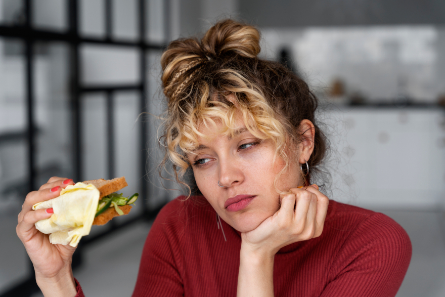 Mounjaro doses: a woman looking at her food.