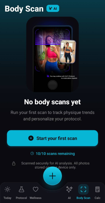 Peptides AI review: AI body scan feature inside of the app.