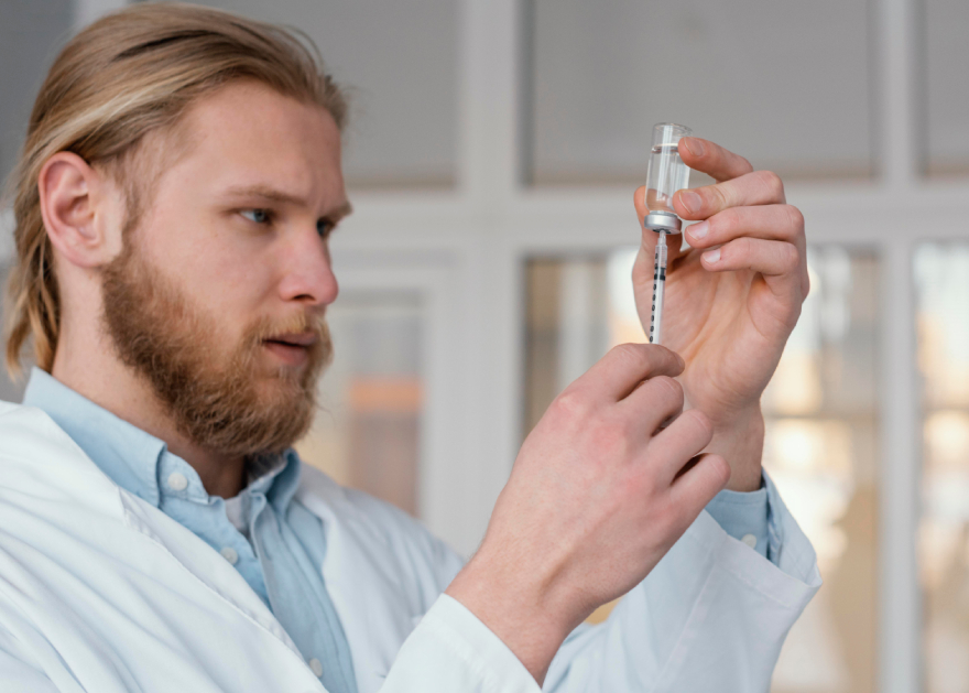 Peptides for dogs: a researcher analyzing peptides.
