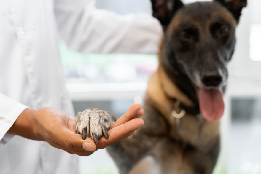 Peptides for dogs with arthritis: a vet holding a dog's paw.