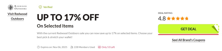 Redwood Outdoors Black Friday coupon code: a select coupon.