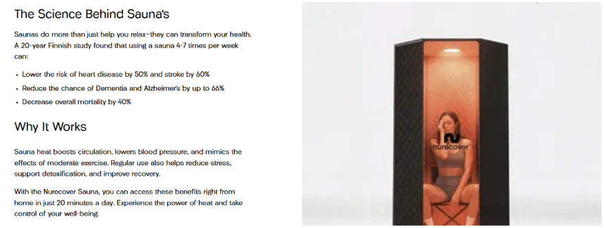 Sauna benefits: Nurecover's claims about the benefits of sauna use.