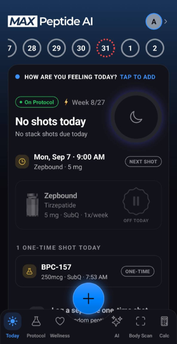 Shotsy alternatives: MAX Peptide AI protocol tracking.