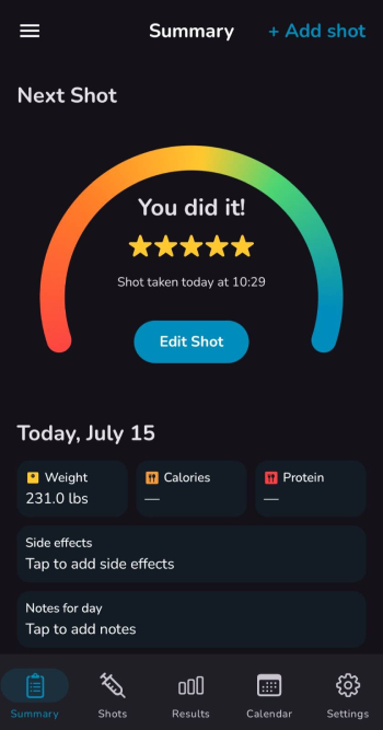 Shotsy app review: home screen.